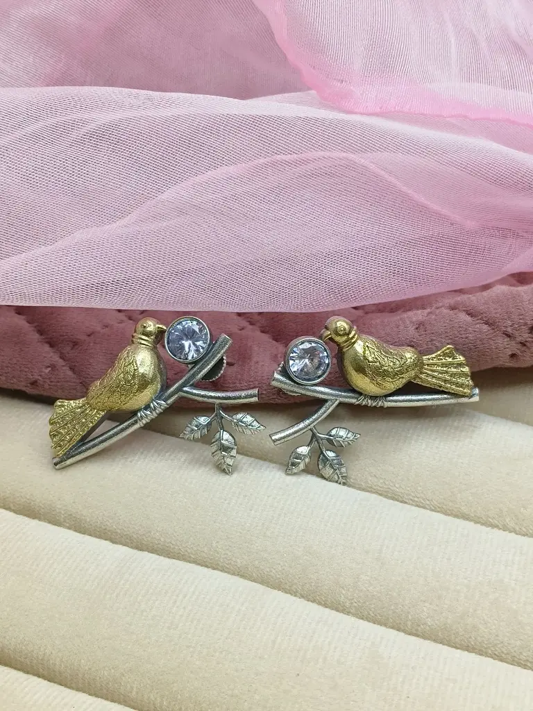 Golden Bird’s Chirping Stud Earrings - White