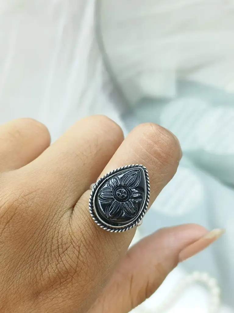 Black Engraved Floral Ring