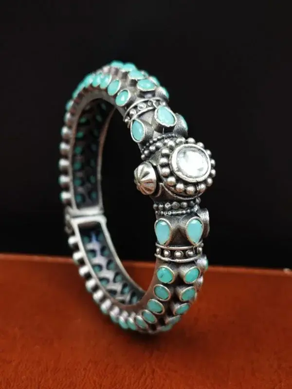 Stone Work Oxidised Silver Replica Bangles | Free Size Openable Bangle Pair