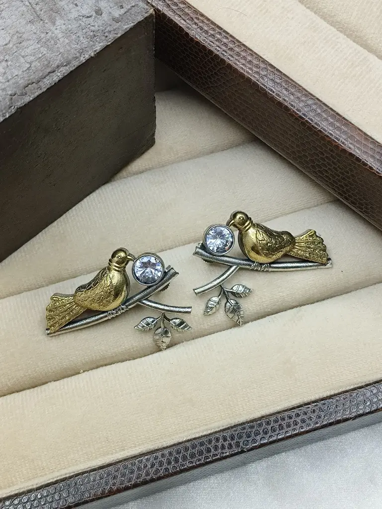 Golden Bird’s Chirping Stud Earrings - White