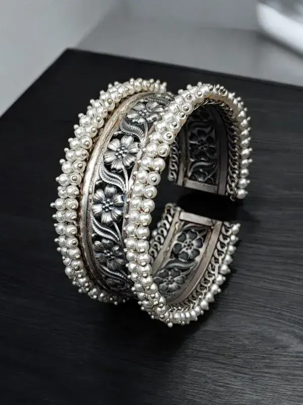 Handmade Silver Touch Cuff Bracelet | Best Pearl Beads Traditional Bangles / Kada
