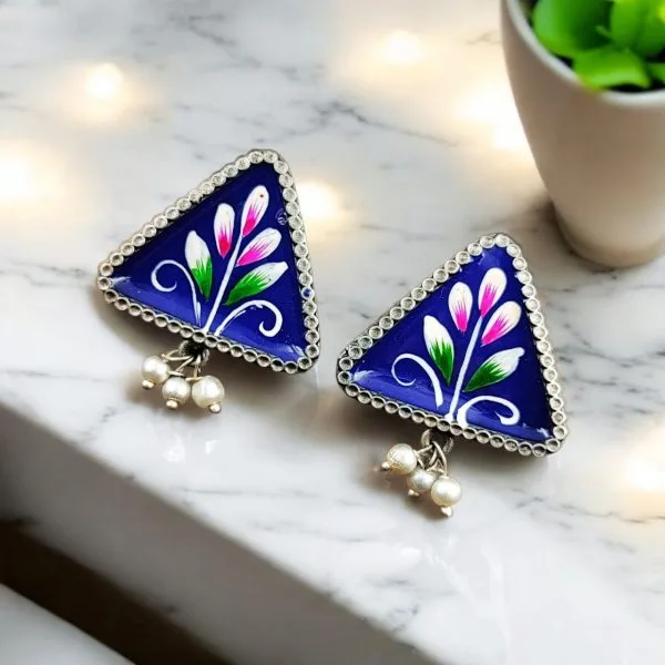 Designer Silver Oxidized Hand-Painted Stud Earrings