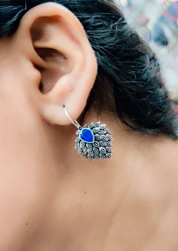 Daily Wear Hook Earrings Oxidised Stone Unique Feather Style