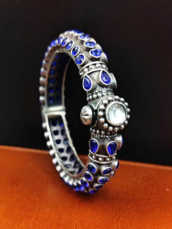 Stone Work Oxidised Silver Replica Bangles | Free Size Openable Bangle Pair