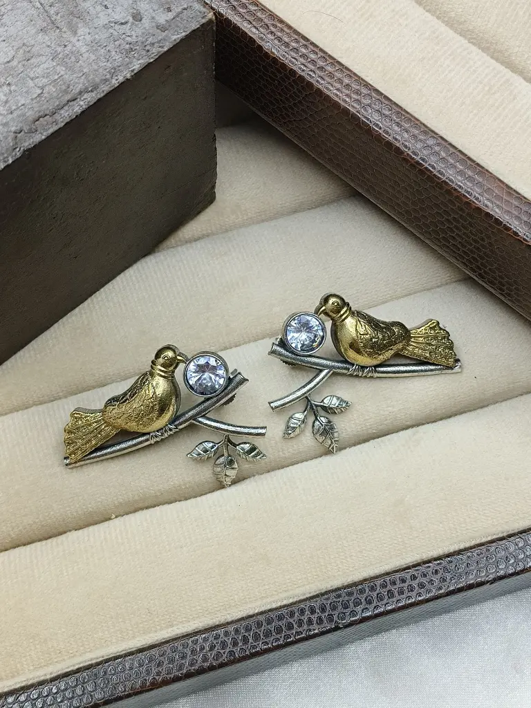 Golden Bird’s Chirping Stud Earrings - White