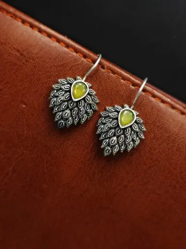 Daily Wear Hook Earrings Oxidised Stone Unique Feather Style