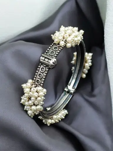 Oxidized Kada| Best Openable Bangle | Pearl Work Traditional Look Bracelet
