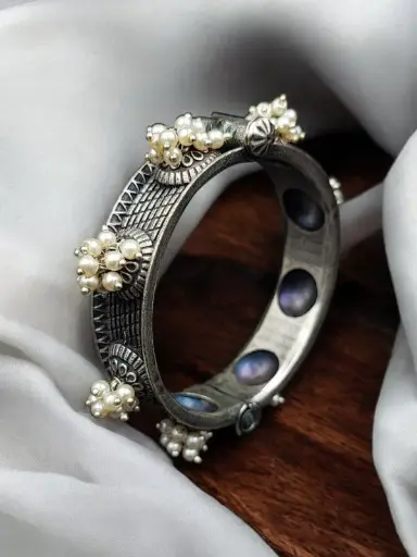Silver Look Oxidized Bangles | Best Traditional Pearl Work Kada / Bracelet For Girls