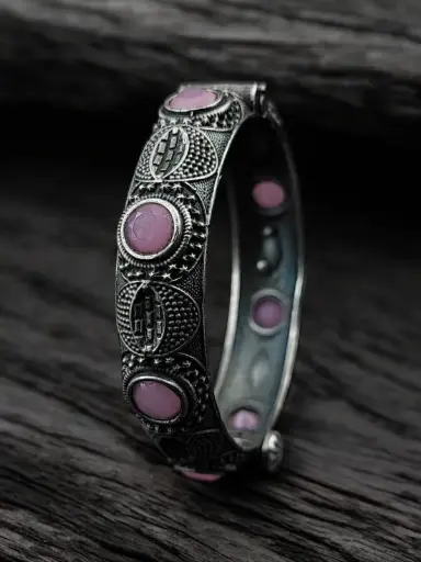 Elegant Silver Bracelet | Oxidized Stone Kada | Best Openable Style Bangle