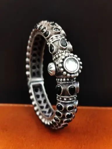 Stone Work Oxidised Silver Replica Bangles | Free Size Openable Bangle Pair