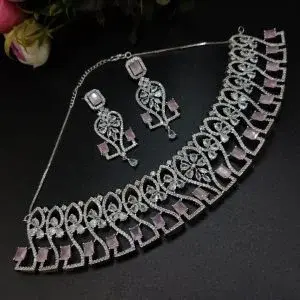 American Diamond Necklace with Maangtika Monalisa Stone Choker Set