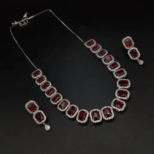 Regal princess-cut American diamond necklace set