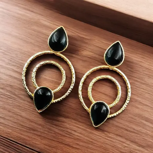 Gold Plated Stone Earrings - Black