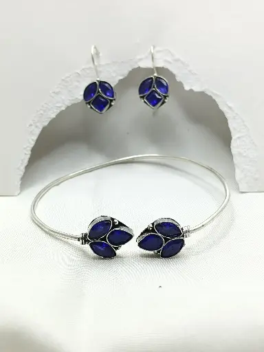 Silver Cuff Bangle Earring Set - Blue