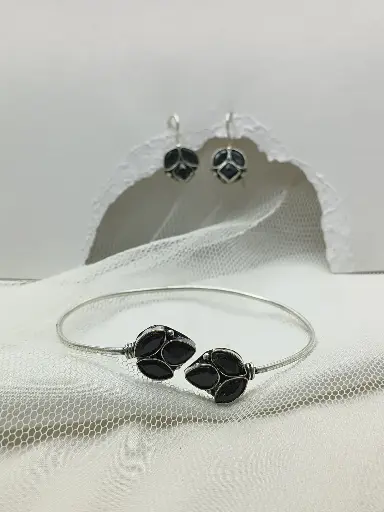 Silver Cuff Bangle Earring Set - Black